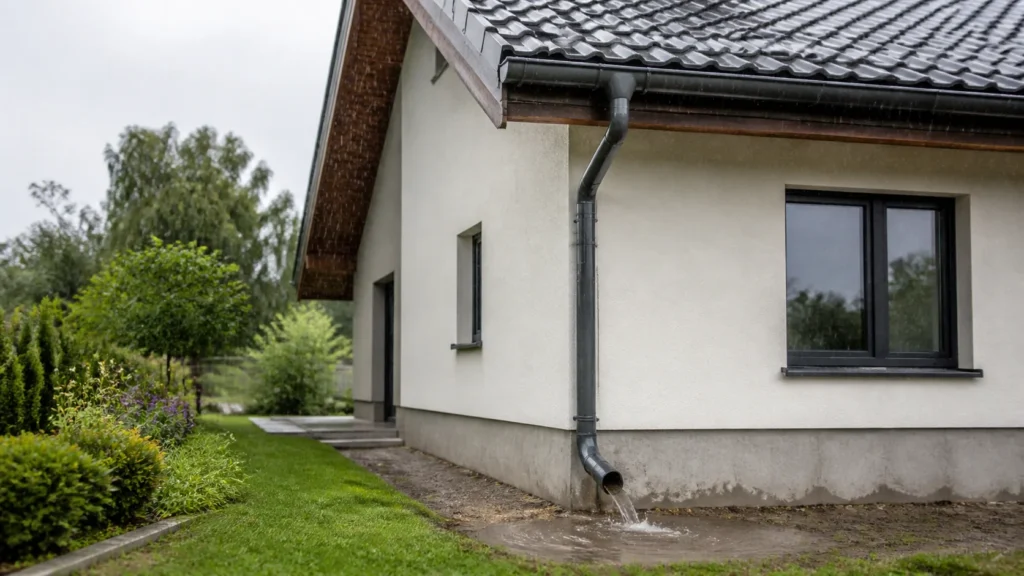 Woda z rury spustowej tworząca kałużę przy fundamencie domu