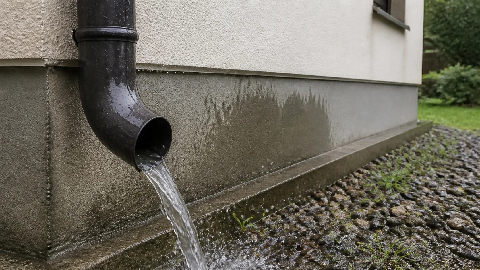Wylot rury spustowej kierujący wodę na mokry cokół i żwir przy domu